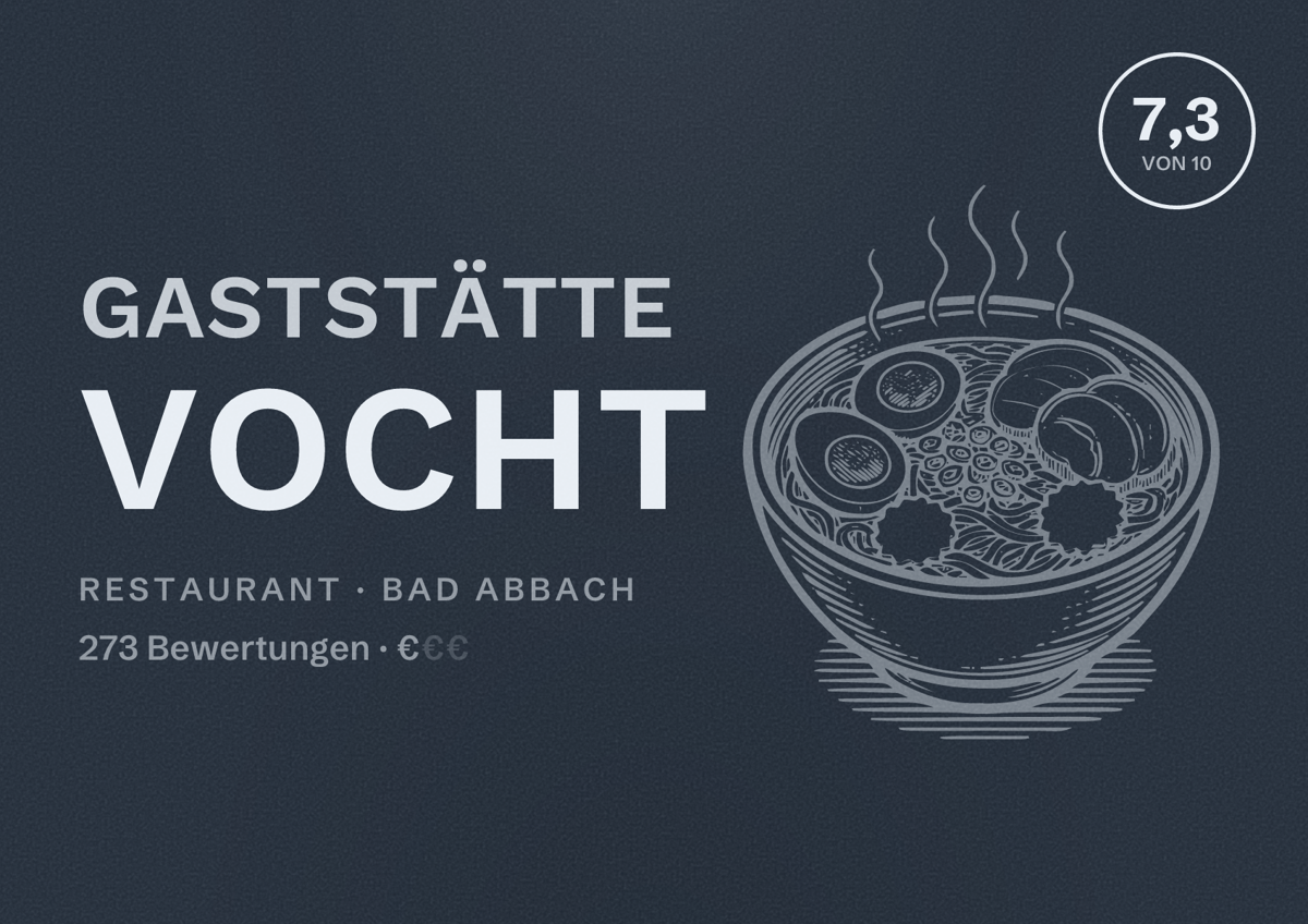 Illustriertes Poster von Gaststätte Vocht, Restaurant in Bad Abbach: Bewertung 7,3 von 10 aus 273 Bewertungen, Preisniveau €