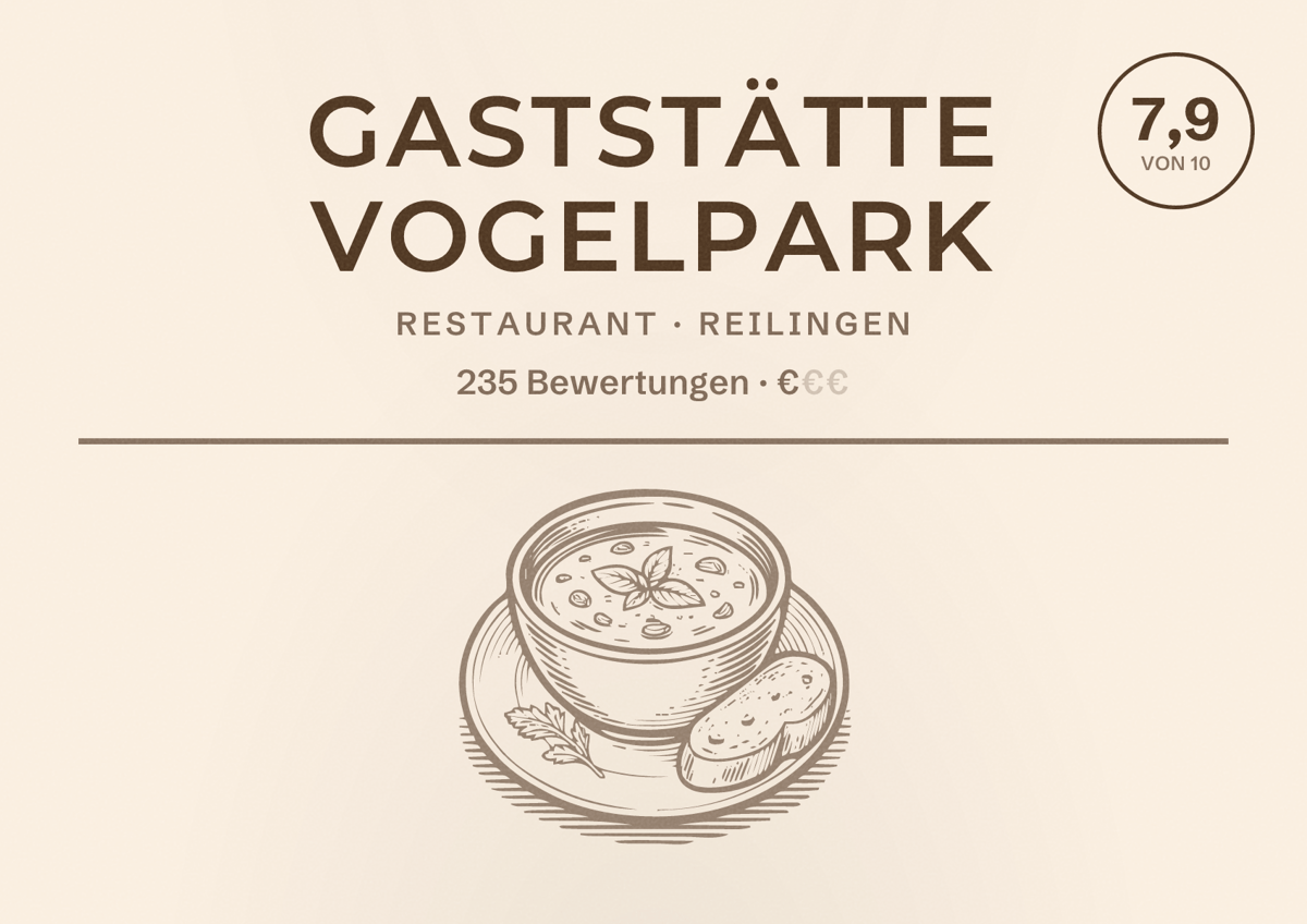 Illustriertes Poster von Gaststätte Vogelpark, Restaurant in Reilingen: Bewertung 7,9 von 10 aus 235 Bewertungen, Preisniveau €