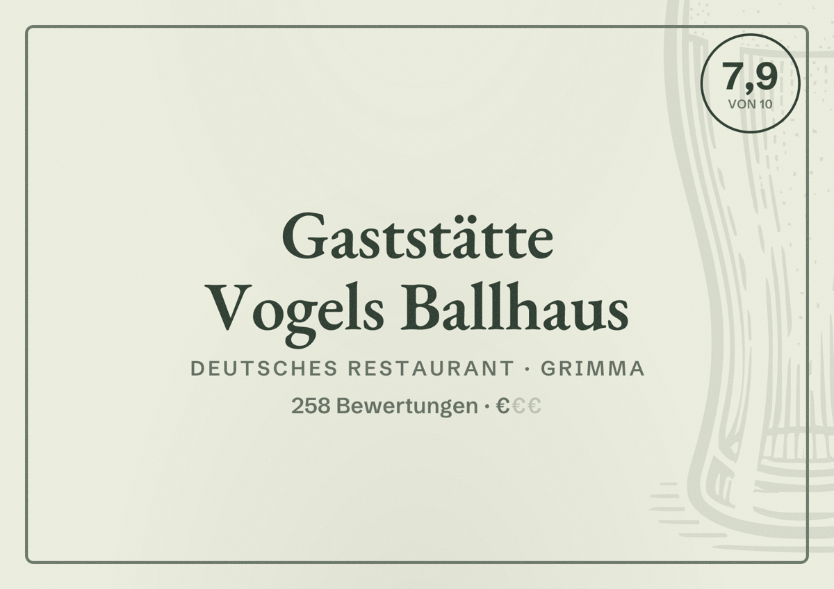 Illustriertes Poster von Gaststätte Vogels Ballhaus, Deutsches Restaurant in Grimma: Bewertung 7,9 von 10 aus 258 Bewertungen, Preisniveau €