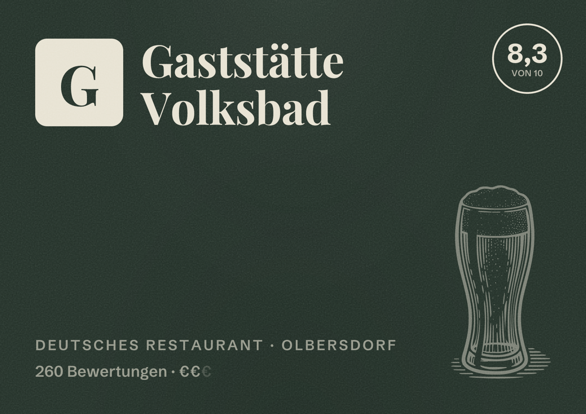 Illustriertes Poster von Gaststätte Volksbad, Deutsches Restaurant in Olbersdorf: Bewertung 8,3 von 10 aus 260 Bewertungen, Preisniveau €€
