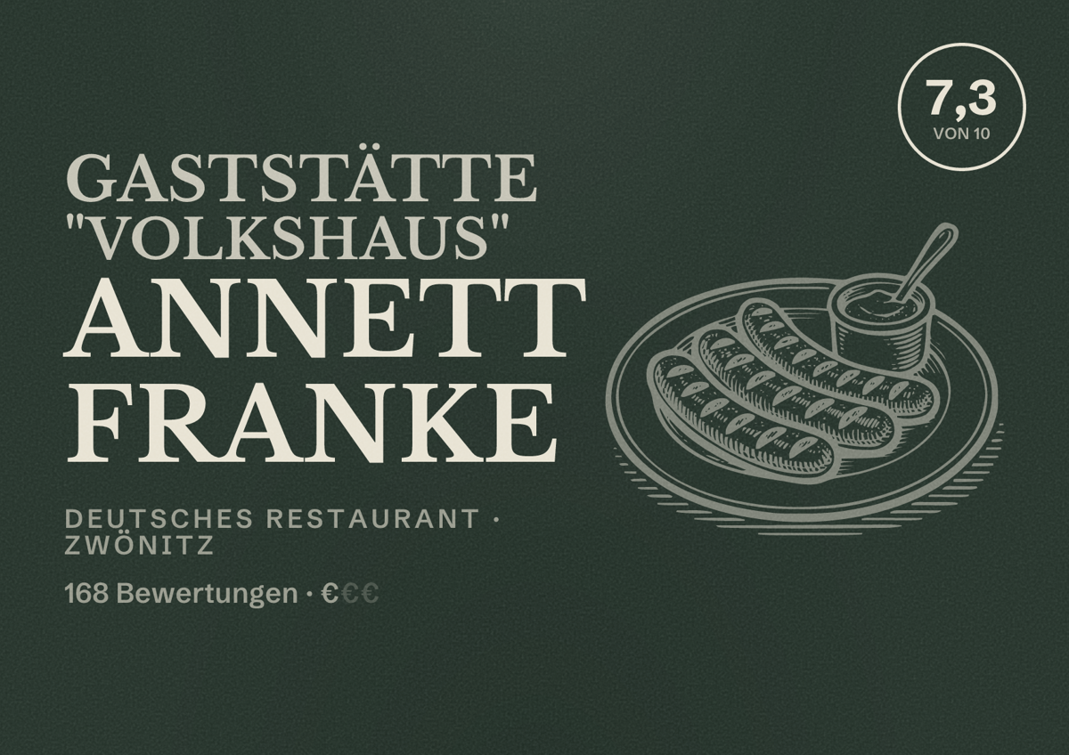 Illustriertes Poster von Gaststätte "Volkshaus" Annett Franke, Deutsches Restaurant in Zwönitz: Bewertung 7,3 von 10 aus 168 Bewertungen, Preisniveau €
