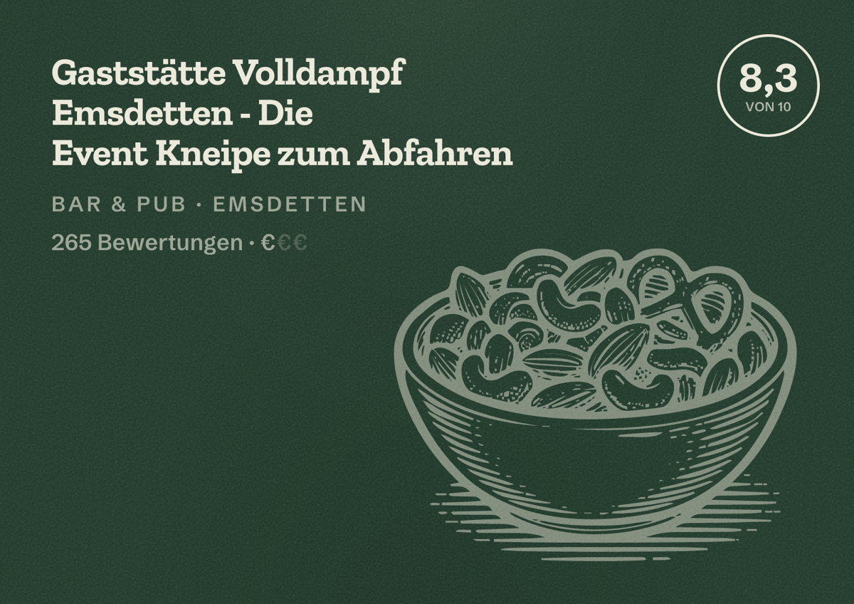 Illustriertes Poster von Gaststätte Volldampf Emsdetten - Die Event Kneipe zum Abfahren, Bar & Pub in Emsdetten: Bewertung 8,3 von 10 aus 265 Bewertungen, Preisniveau €