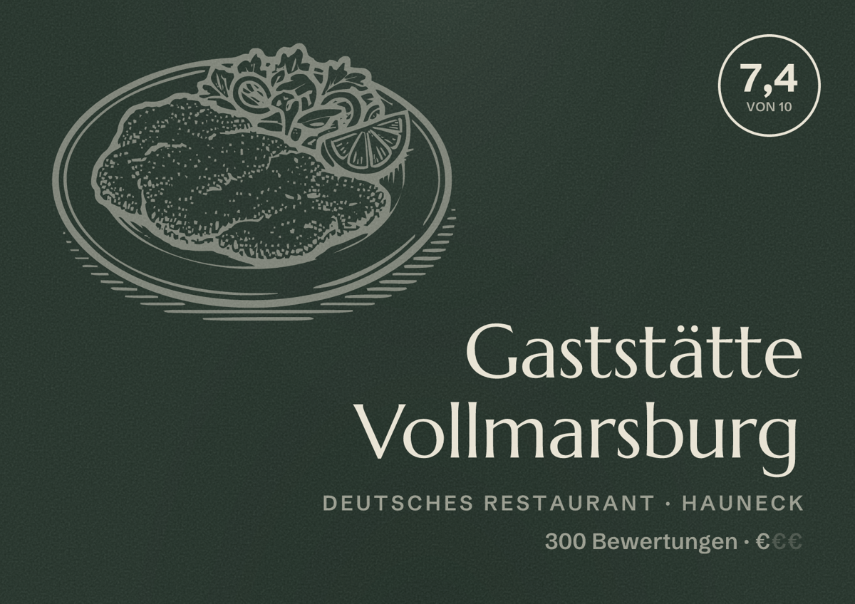 Illustriertes Poster von Gaststätte Vollmarsburg, Deutsches Restaurant in Hauneck: Bewertung 7,4 von 10 aus 300 Bewertungen, Preisniveau €