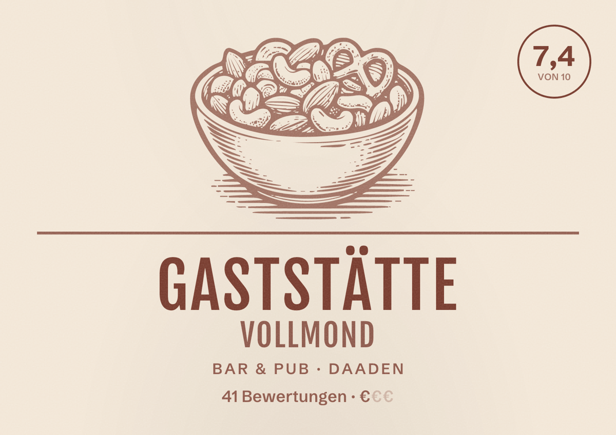 Illustriertes Poster von Gaststätte Vollmond, Bar & Pub in Daaden: Bewertung 7,4 von 10 aus 41 Bewertungen, Preisniveau €