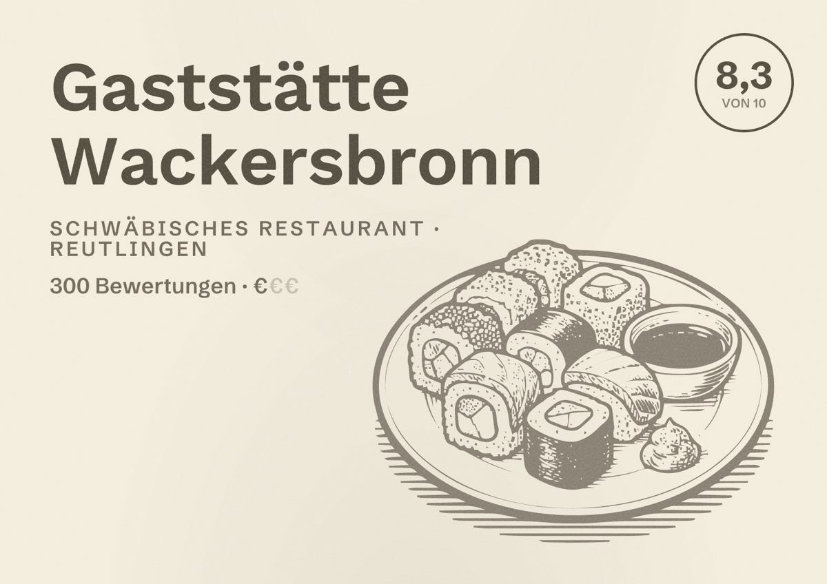 Illustriertes Poster von Gaststätte Wackersbronn, Schwäbisches Restaurant in Reutlingen: Bewertung 8,3 von 10 aus 300 Bewertungen, Preisniveau €