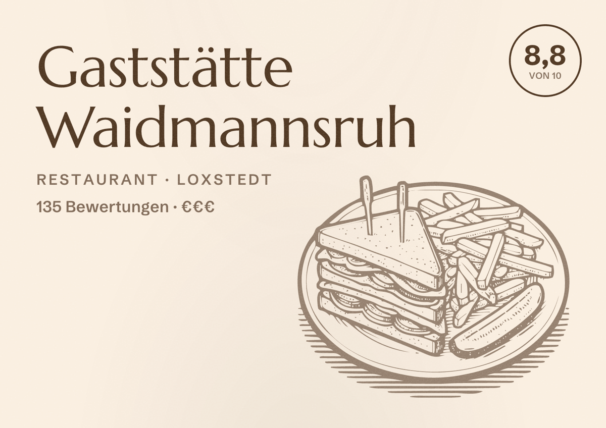 Illustriertes Poster von Gaststätte Waidmannsruh, Restaurant in Loxstedt: Bewertung 8,8 von 10 aus 135 Bewertungen, Preisniveau €€€