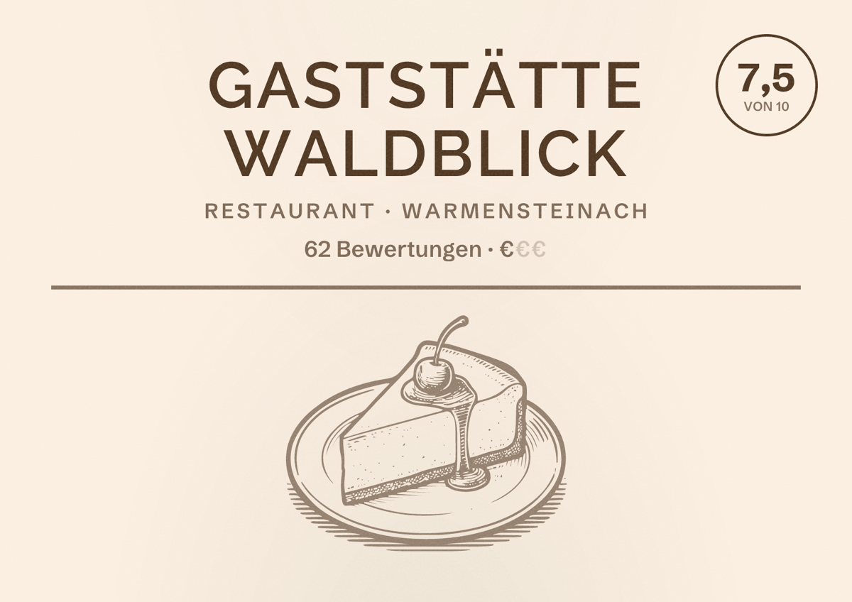 Illustriertes Poster von Gaststätte Waldblick, Restaurant in Warmensteinach: Bewertung 7,5 von 10 aus 62 Bewertungen, Preisniveau €