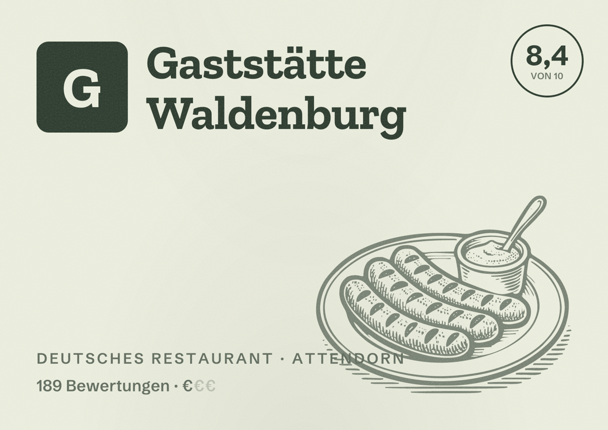 Illustriertes Poster von Gaststätte Waldenburg, Deutsches Restaurant in Attendorn: Bewertung 8,4 von 10 aus 189 Bewertungen, Preisniveau €