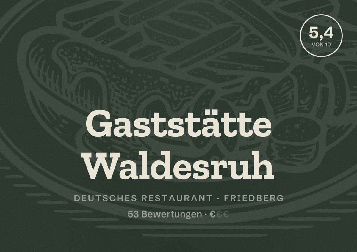 Illustriertes Poster von Gaststätte Waldesruh, Deutsches Restaurant in Friedberg: Bewertung 5,4 von 10 aus 53 Bewertungen, Preisniveau €