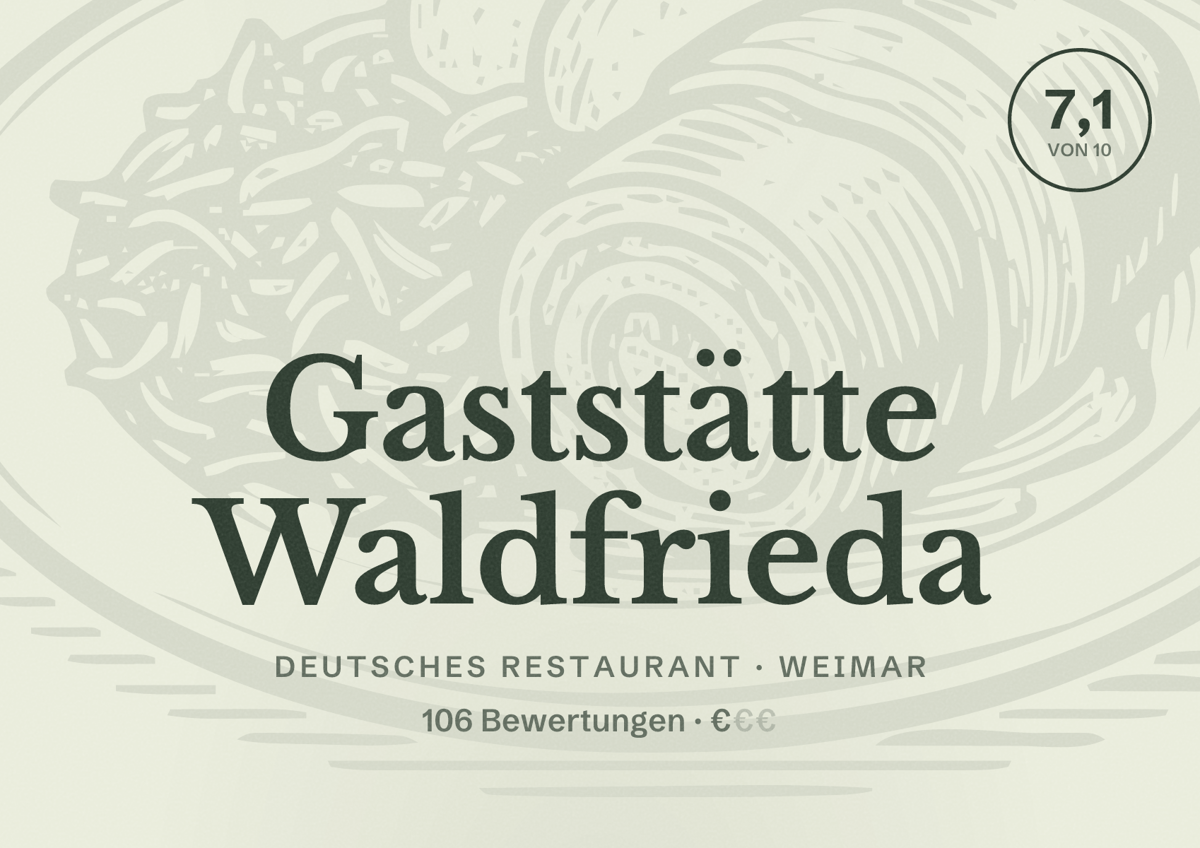Illustriertes Poster von Gaststätte Waldfrieda, Deutsches Restaurant in Weimar: Bewertung 7,1 von 10 aus 106 Bewertungen, Preisniveau €