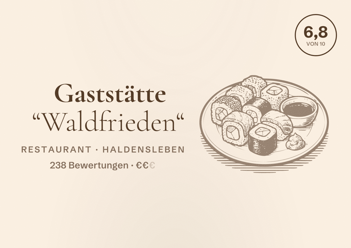 Illustriertes Poster von Gaststätte “Waldfrieden“, Restaurant in Haldensleben: Bewertung 6,8 von 10 aus 238 Bewertungen, Preisniveau €€