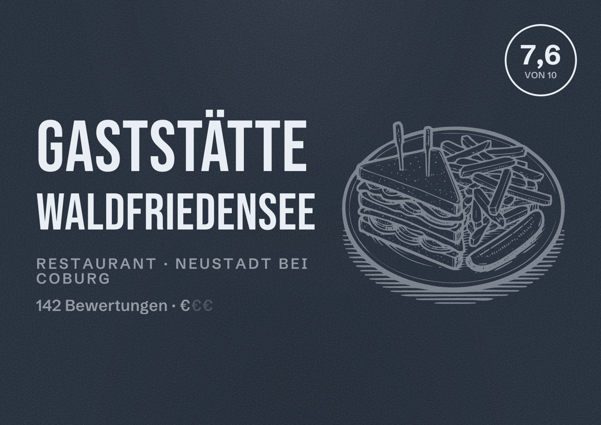Illustriertes Poster von Gaststätte Waldfriedensee, Restaurant in Neustadt bei Coburg: Bewertung 7,6 von 10 aus 142 Bewertungen, Preisniveau €