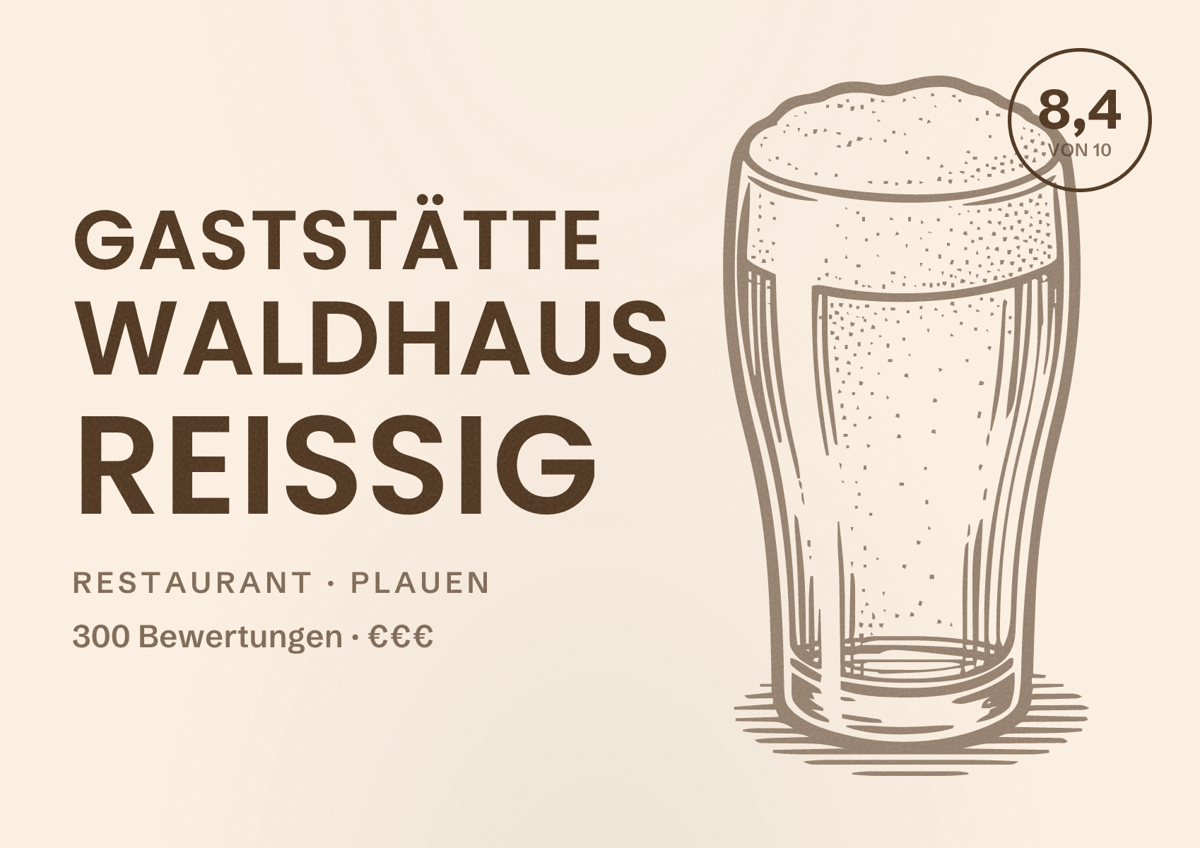 Illustriertes Poster von Gaststätte Waldhaus Reißig, Restaurant in Plauen: Bewertung 8,4 von 10 aus 300 Bewertungen, Preisniveau €€€