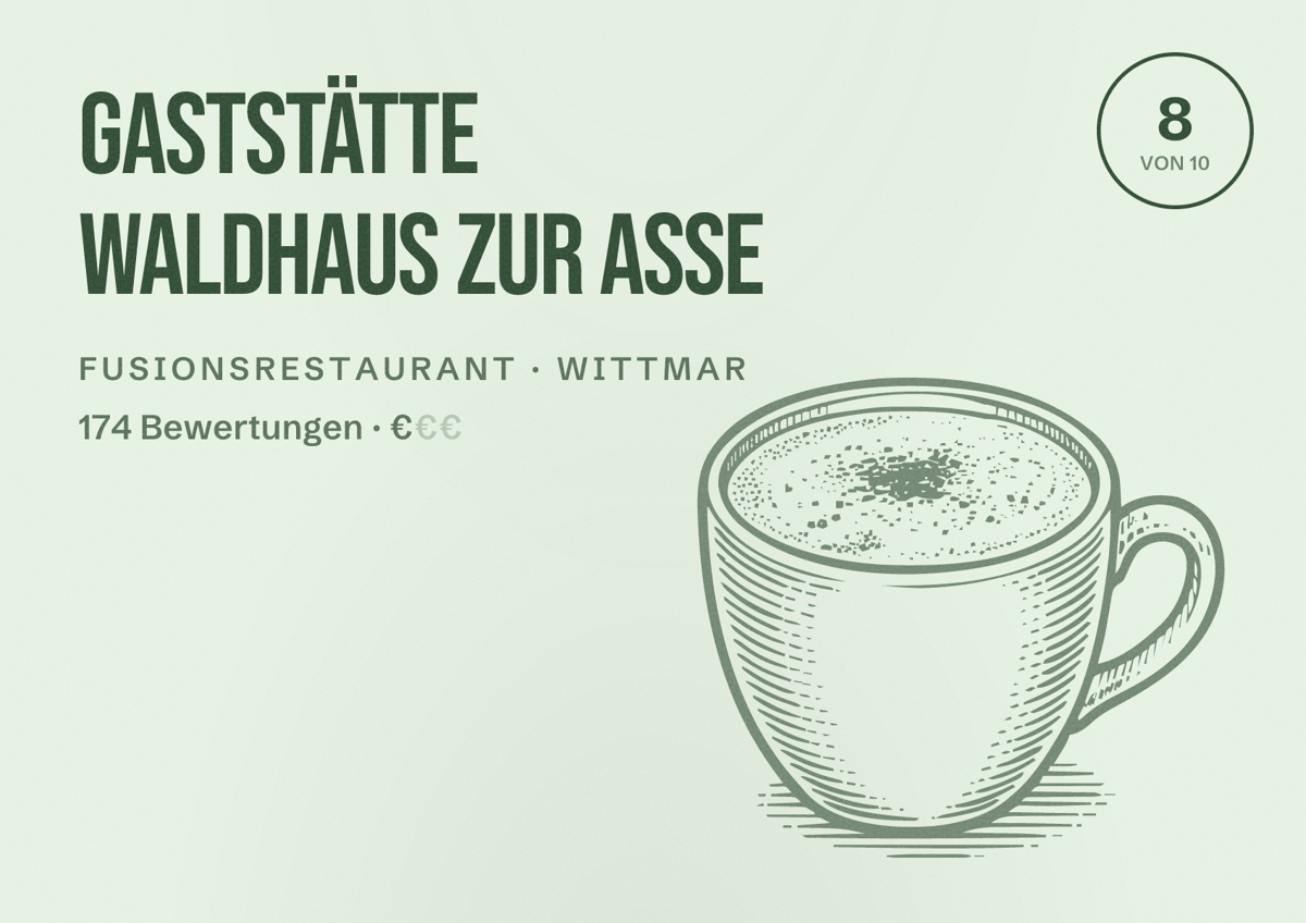 Illustriertes Poster von Gaststätte Waldhaus zur Asse, Fusionsrestaurant in Wittmar: Bewertung 8 von 10 aus 174 Bewertungen, Preisniveau €
