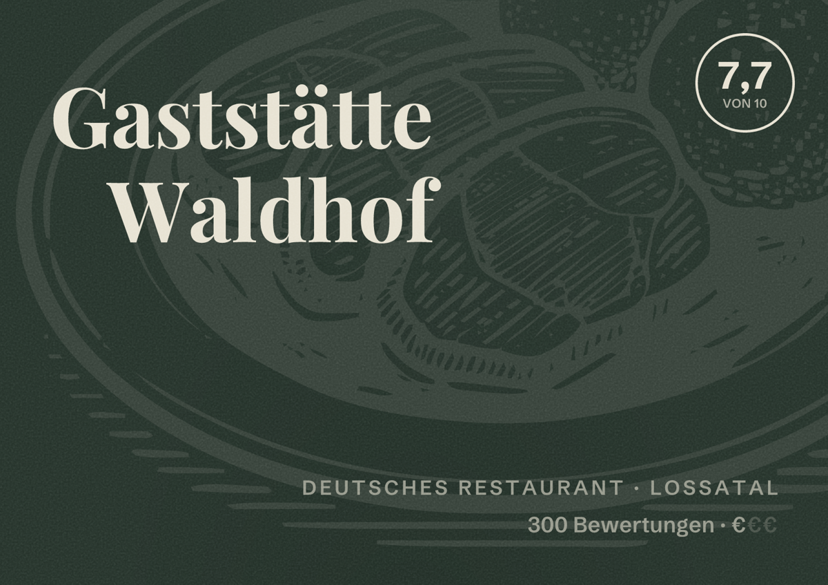 Illustriertes Poster von Gaststätte Waldhof, Deutsches Restaurant in Lossatal: Bewertung 7,7 von 10 aus 300 Bewertungen, Preisniveau €