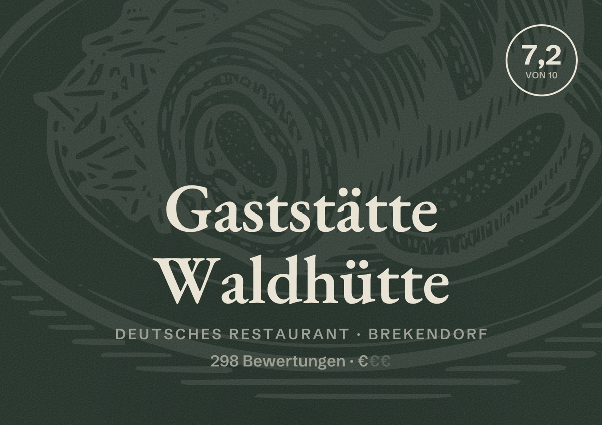 Illustriertes Poster von Gaststätte Waldhütte, Deutsches Restaurant in Brekendorf: Bewertung 7,2 von 10 aus 298 Bewertungen, Preisniveau €