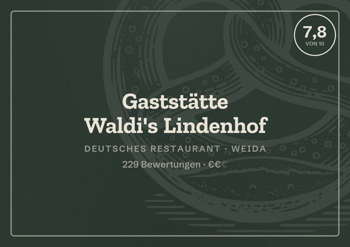 Illustriertes Poster von Gaststätte Waldi's Lindenhof, Deutsches Restaurant in Weida: Bewertung 7,8 von 10 aus 229 Bewertungen, Preisniveau €€