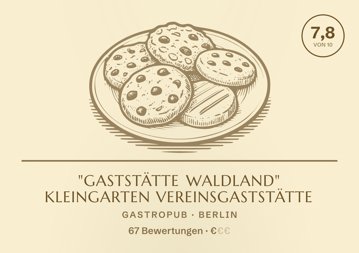 Illustriertes Poster von "Gaststätte Waldland" Kleingarten Vereinsgaststätte, Gastropub in Berlin: Bewertung 7,8 von 10 aus 67 Bewertungen, Preisniveau €