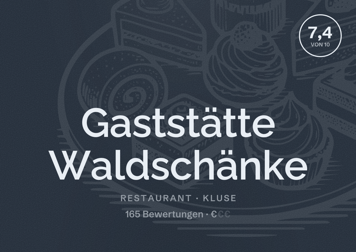 Illustriertes Poster von Gaststätte Waldschänke, Restaurant in Kluse: Bewertung 7,4 von 10 aus 165 Bewertungen, Preisniveau €