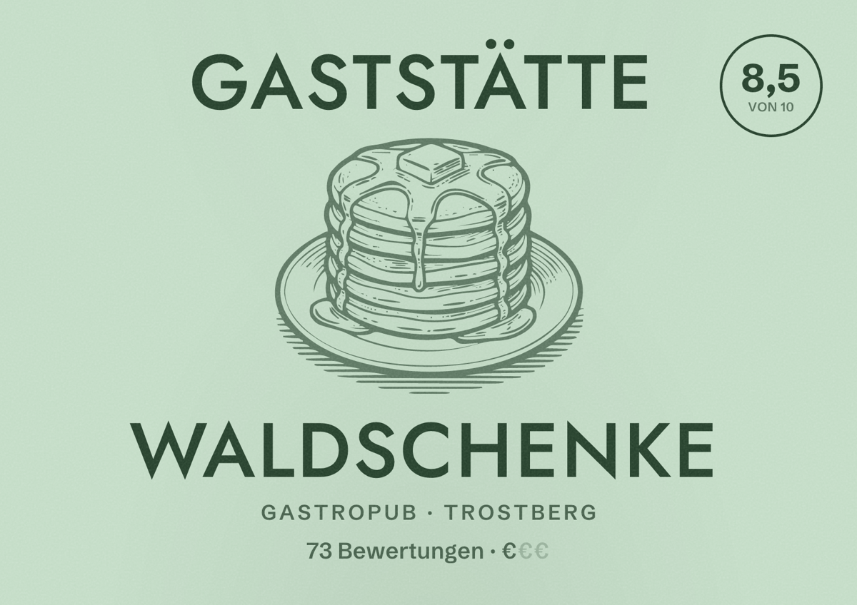 Illustriertes Poster von Gaststätte Waldschenke, Gastropub in Trostberg: Bewertung 8,5 von 10 aus 73 Bewertungen, Preisniveau €