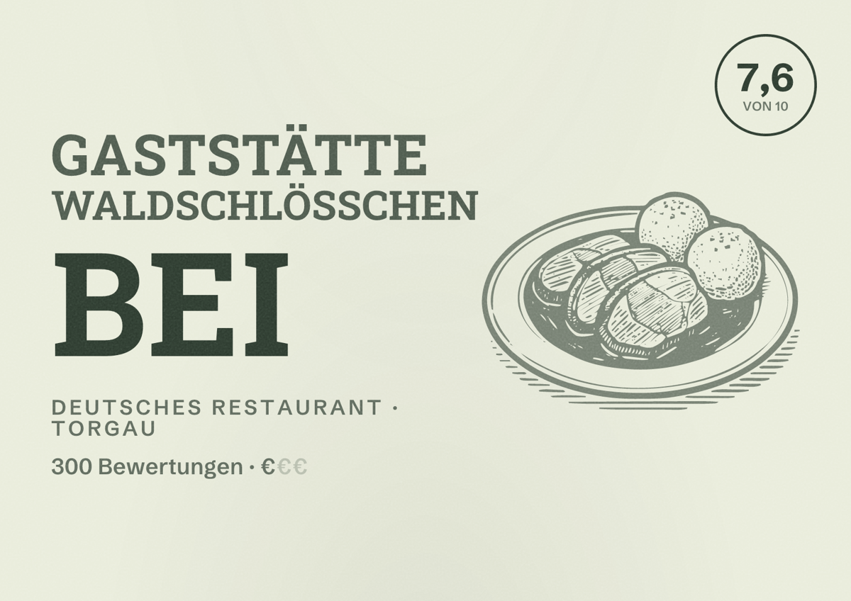Illustriertes Poster von Gaststätte Waldschlößchen bei, Deutsches Restaurant in Torgau: Bewertung 7,6 von 10 aus 300 Bewertungen, Preisniveau €
