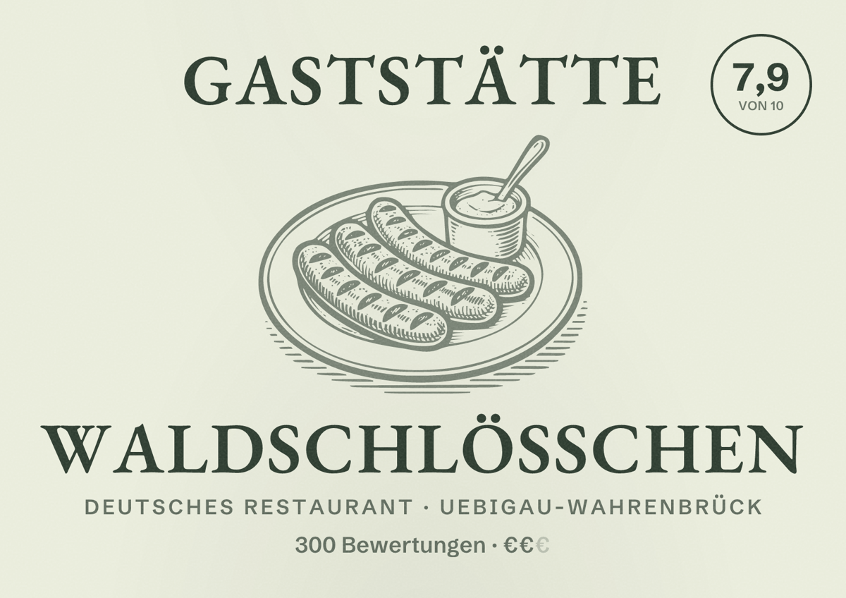 Illustriertes Poster von Gaststätte Waldschlößchen, Deutsches Restaurant in Uebigau-Wahrenbrück: Bewertung 7,9 von 10 aus 300 Bewertungen, Preisniveau €€