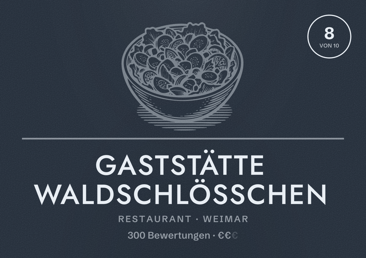 Illustriertes Poster von Gaststätte Waldschlösschen, Restaurant in Weimar: Bewertung 8 von 10 aus 300 Bewertungen, Preisniveau €€
