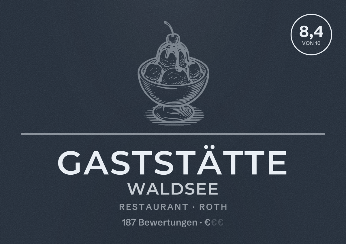 Illustriertes Poster von Gaststätte Waldsee, Restaurant in Roth: Bewertung 8,4 von 10 aus 187 Bewertungen, Preisniveau €