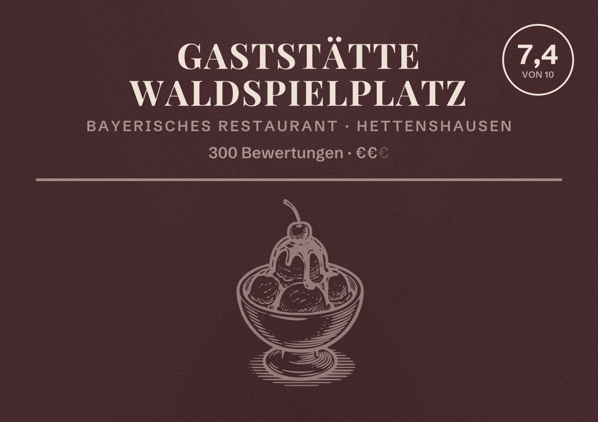 Illustriertes Poster von Gaststätte Waldspielplatz, Bayerisches Restaurant in Hettenshausen: Bewertung 7,4 von 10 aus 300 Bewertungen, Preisniveau €€