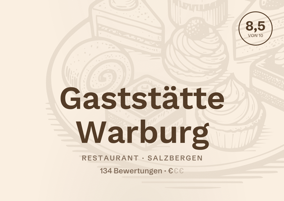 Illustriertes Poster von Gaststätte Warburg, Restaurant in Salzbergen: Bewertung 8,5 von 10 aus 134 Bewertungen, Preisniveau €