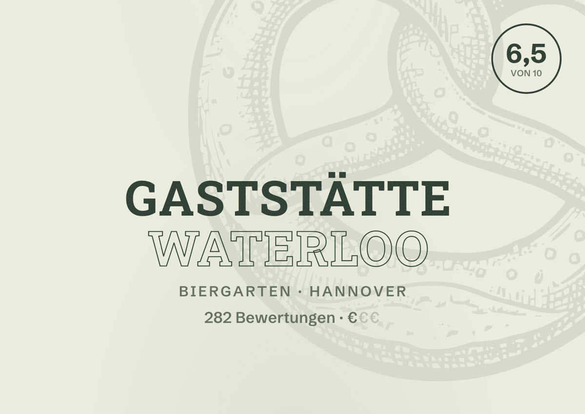 Illustriertes Poster von Gaststätte Waterloo, Biergarten in Hannover: Bewertung 6,5 von 10 aus 282 Bewertungen, Preisniveau €