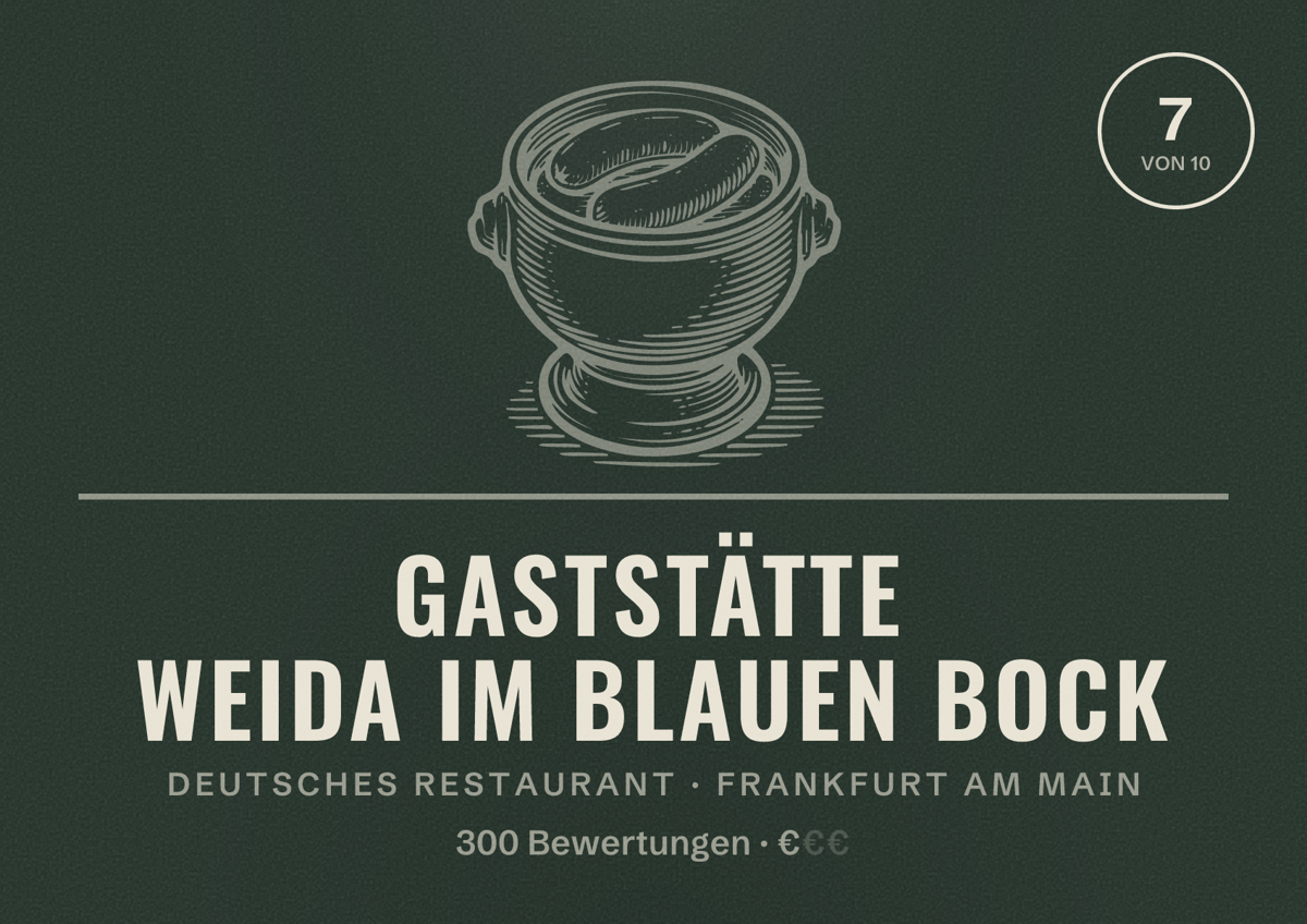 Illustriertes Poster von Gaststätte Weida Im Blauen Bock, Deutsches Restaurant in Frankfurt am Main: Bewertung 7,0 von 10 aus 300 Bewertungen, Preisniveau €