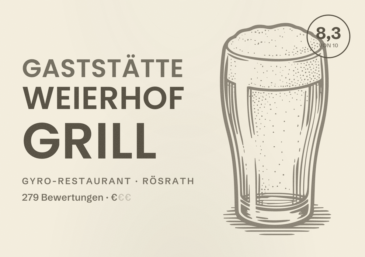 Illustriertes Poster von Gaststätte Weierhof Grill, Gyro-Restaurant in Rösrath: Bewertung 8,3 von 10 aus 279 Bewertungen, Preisniveau €