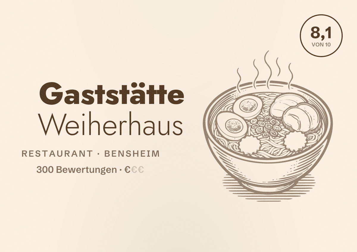 Illustriertes Poster von Gaststätte Weiherhaus, Restaurant in Bensheim: Bewertung 8,1 von 10 aus 300 Bewertungen, Preisniveau €