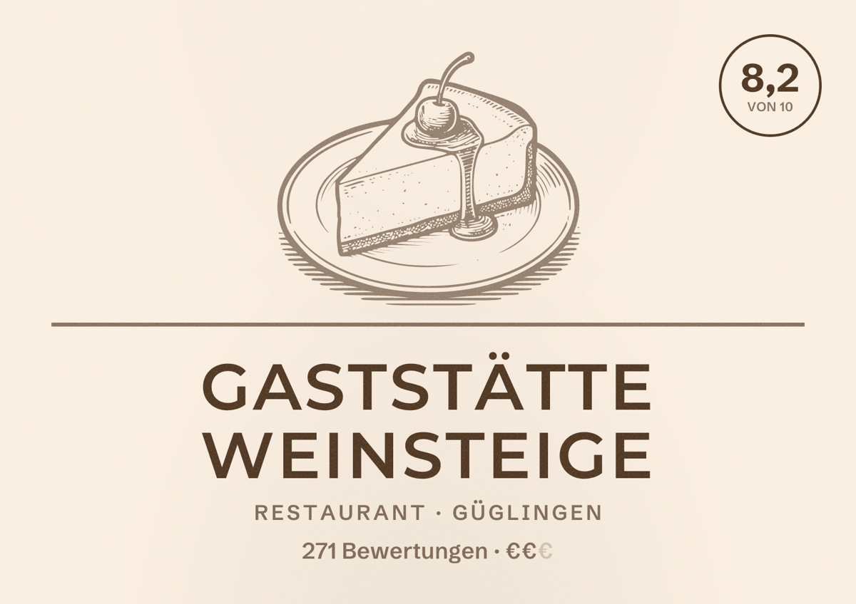 Illustriertes Poster von Gaststätte Weinsteige, Restaurant in Güglingen: Bewertung 8,2 von 10 aus 271 Bewertungen, Preisniveau €€