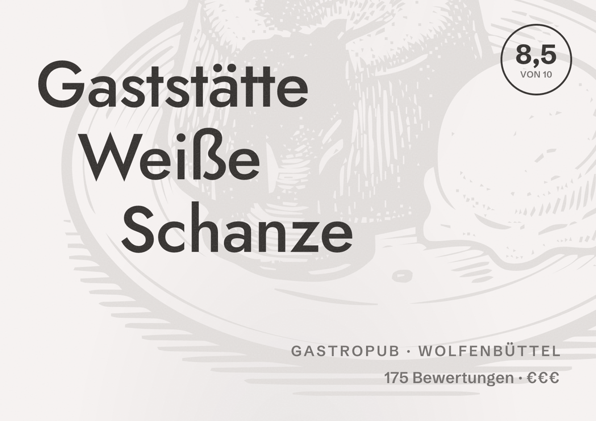 Illustriertes Poster von Gaststätte Weiße Schanze, Gastropub in Wolfenbüttel: Bewertung 8,5 von 10 aus 175 Bewertungen, Preisniveau €€€