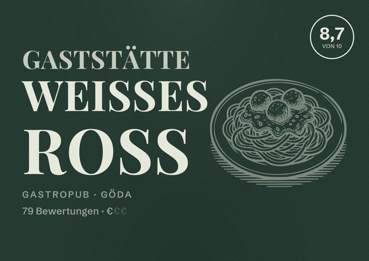 Illustriertes Poster von Gaststätte Weißes Roß, Gastropub in Göda: Bewertung 8,7 von 10 aus 79 Bewertungen, Preisniveau €
