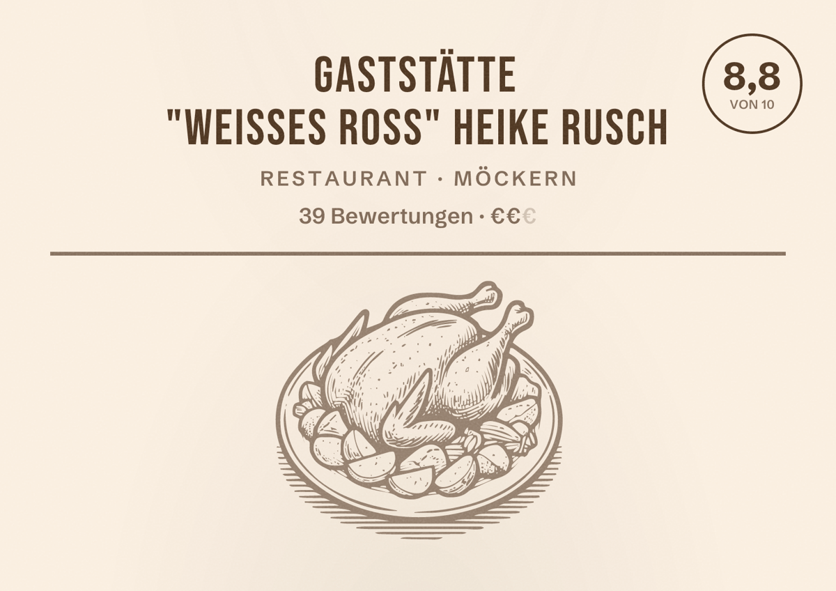 Illustriertes Poster von Gaststätte "Weißes Roß" Heike Rusch, Restaurant in Möckern: Bewertung 8,8 von 10 aus 39 Bewertungen, Preisniveau €€