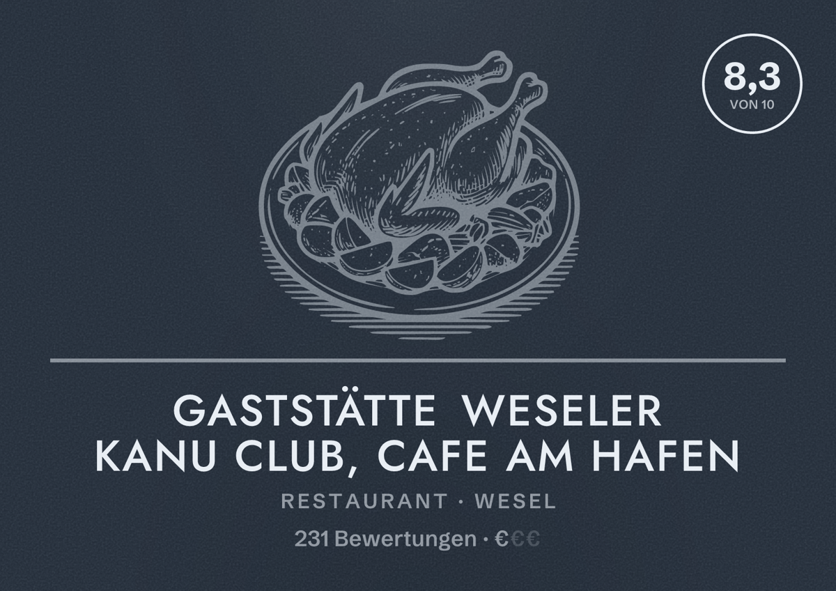 Illustriertes Poster von Gaststätte Weseler Kanu Club, Cafe am Hafen, Restaurant in Wesel: Bewertung 8,3 von 10 aus 231 Bewertungen, Preisniveau €