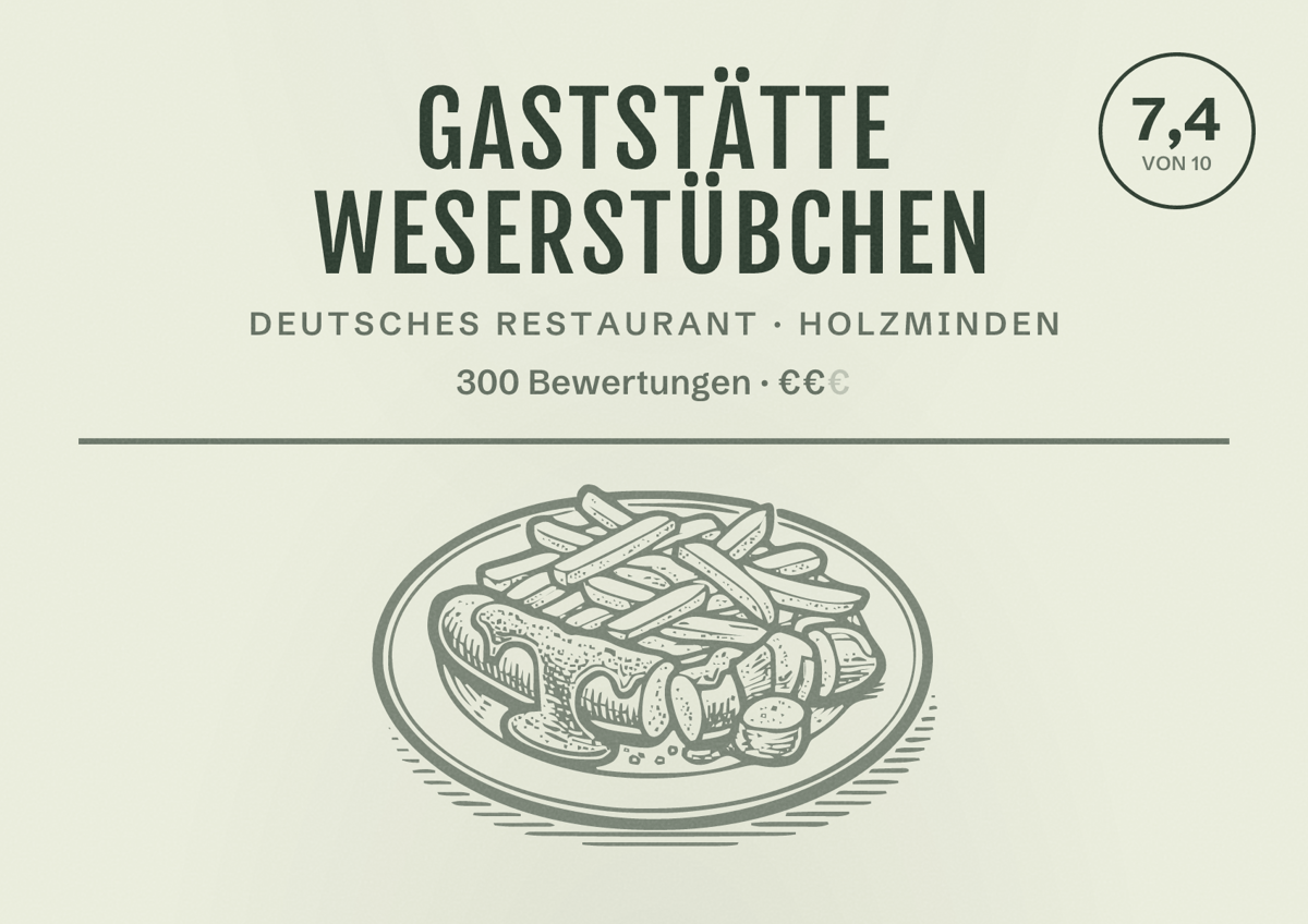 Illustriertes Poster von Gaststätte Weserstübchen, Deutsches Restaurant in Holzminden: Bewertung 7,4 von 10 aus 300 Bewertungen, Preisniveau €€