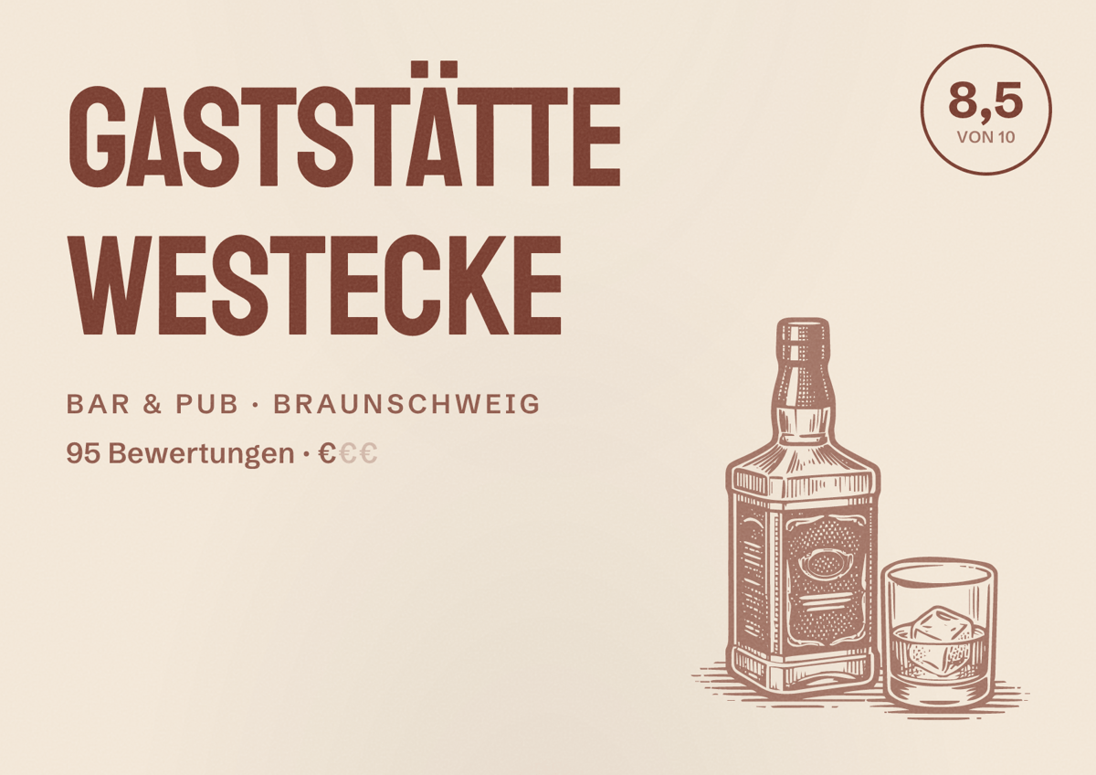 Illustriertes Poster von Gaststätte Westecke, Bar & Pub in Braunschweig: Bewertung 8,5 von 10 aus 95 Bewertungen, Preisniveau €