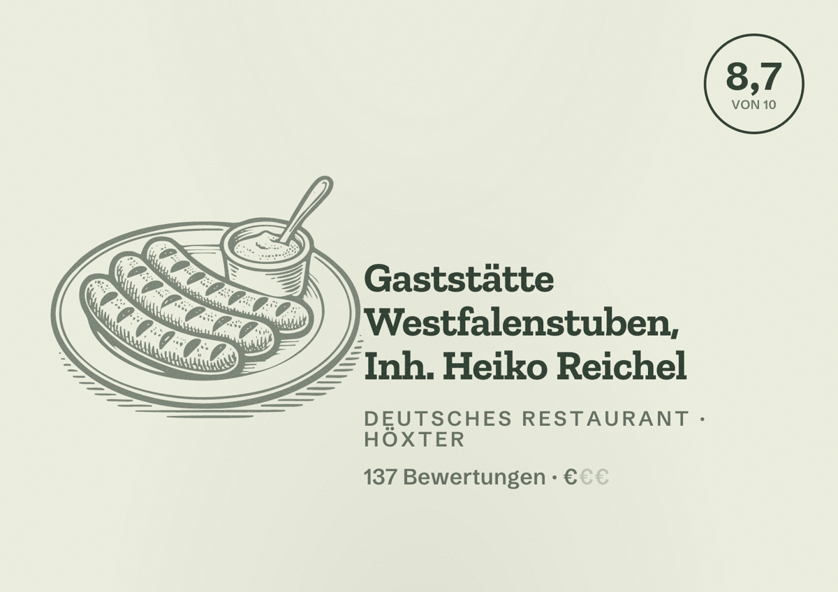 Illustriertes Poster von Gaststätte Westfalenstuben, Inh. Heiko Reichel, Deutsches Restaurant in Höxter: Bewertung 8,7 von 10 aus 137 Bewertungen, Preisniveau €