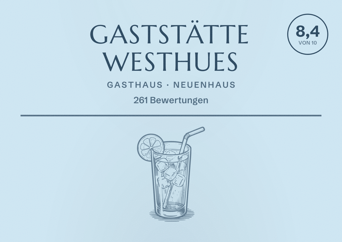 Illustriertes Poster von Gaststätte Westhues, Gasthaus in Neuenhaus: Bewertung 8,4 von 10 aus 261 Bewertungen