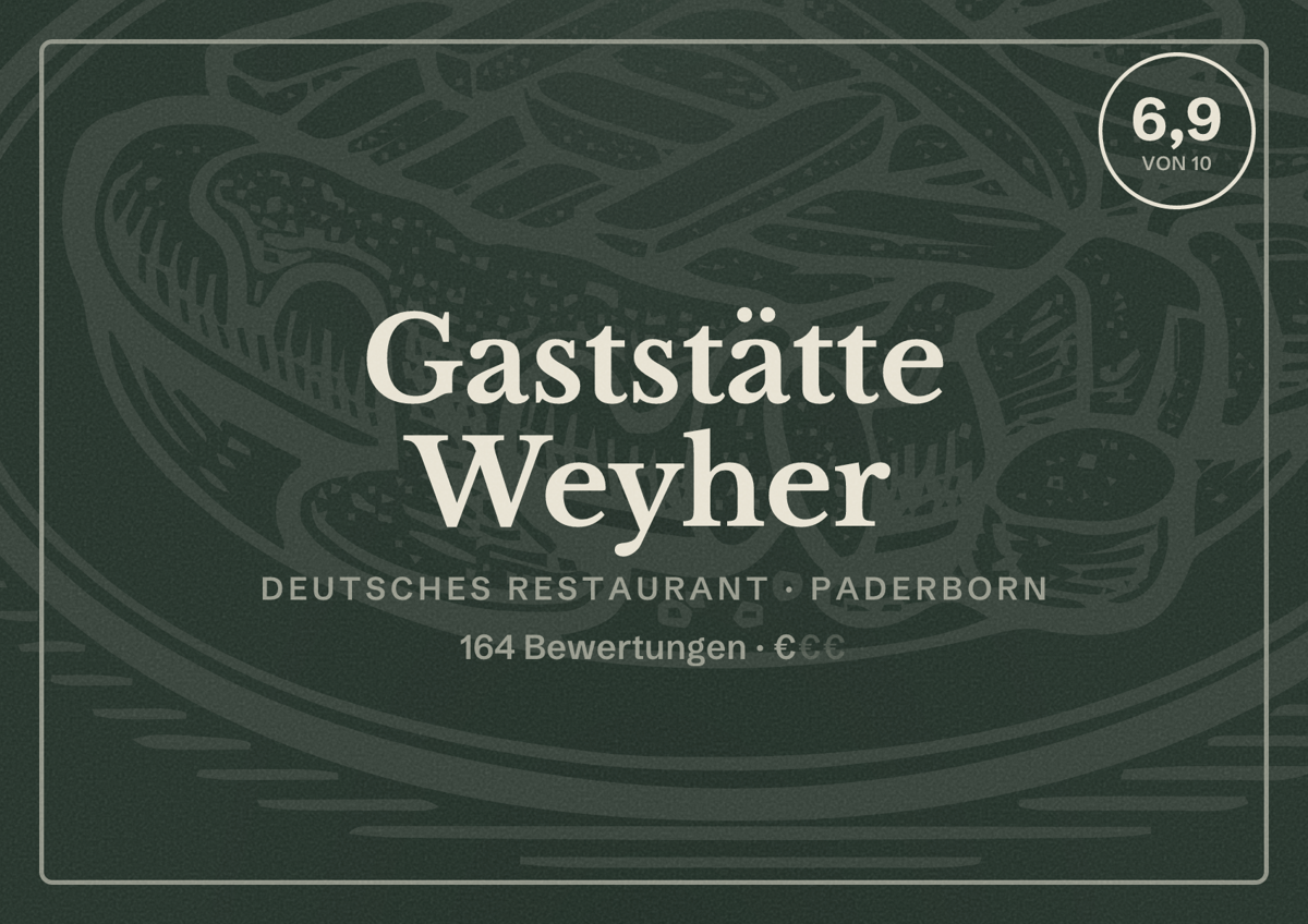 Illustriertes Poster von Gaststätte Weyher, Deutsches Restaurant in Paderborn: Bewertung 6,9 von 10 aus 164 Bewertungen, Preisniveau €