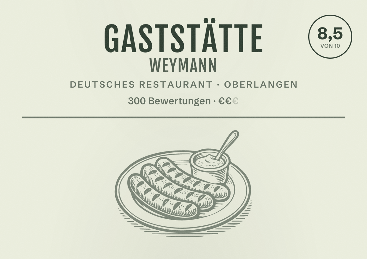 Illustriertes Poster von Gaststätte Weymann, Deutsches Restaurant in Oberlangen: Bewertung 8,5 von 10 aus 300 Bewertungen, Preisniveau €€