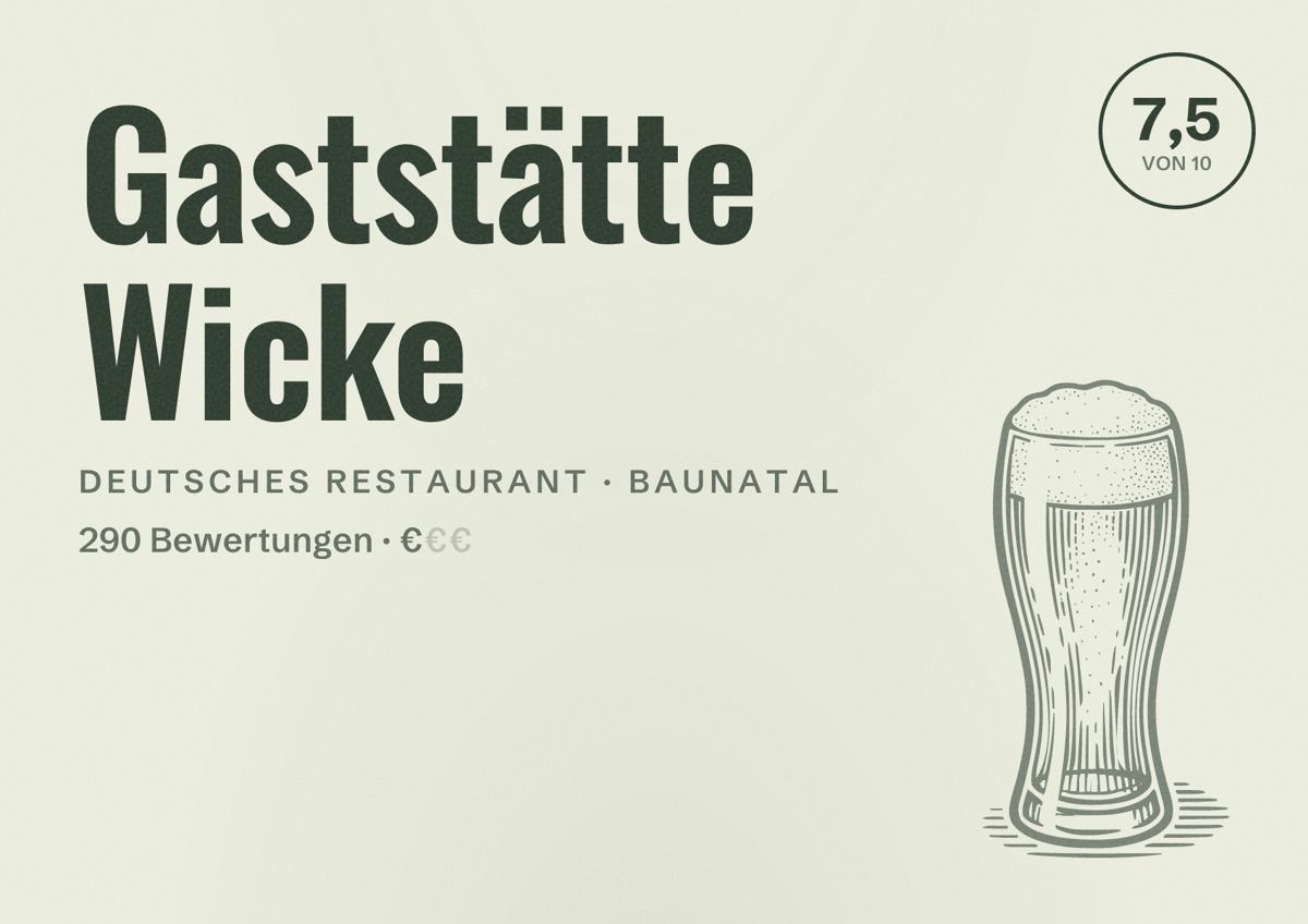 Illustriertes Poster von Gaststätte Wicke, Deutsches Restaurant in Baunatal: Bewertung 7,5 von 10 aus 290 Bewertungen, Preisniveau €