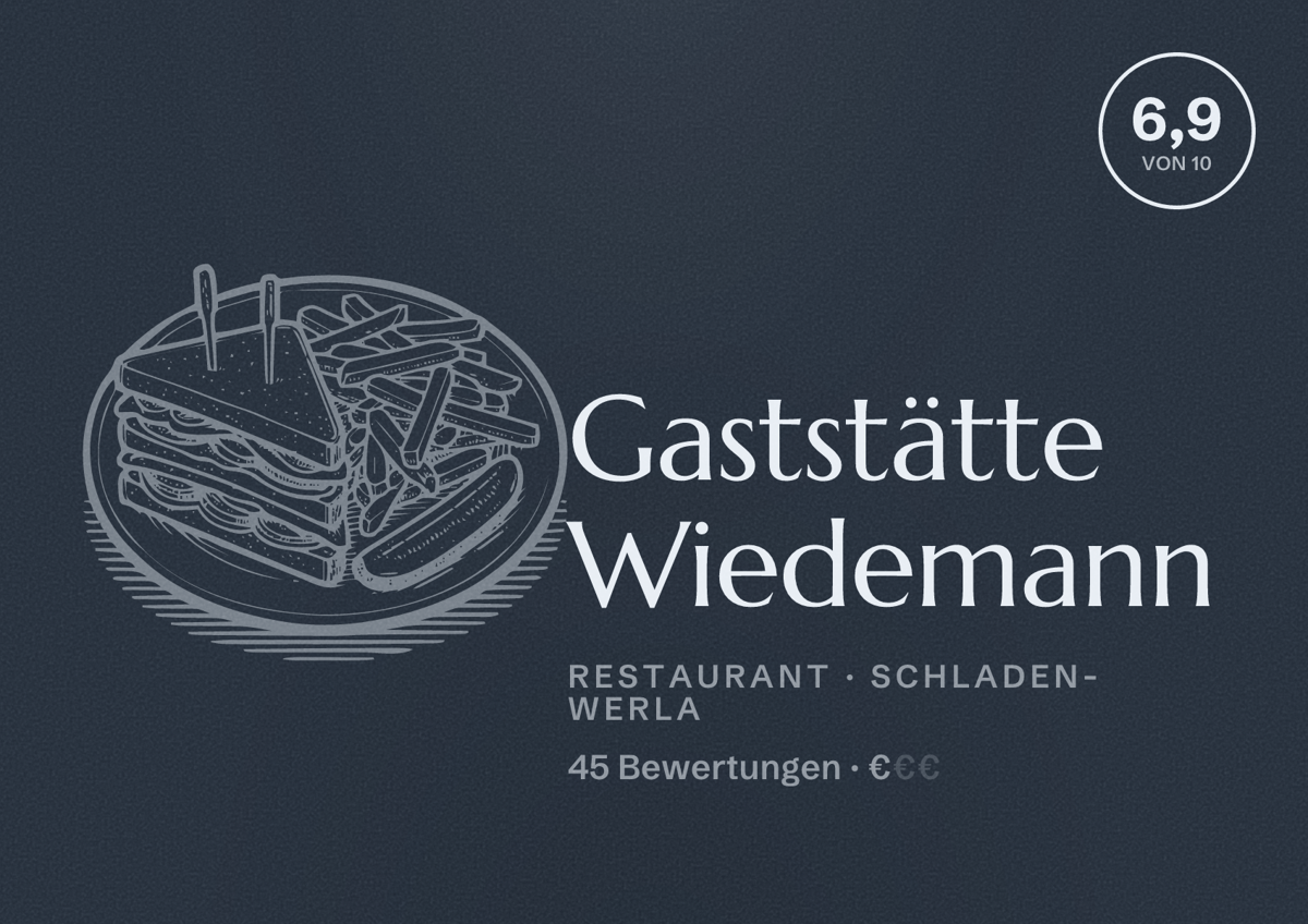 Illustriertes Poster von Gaststätte Wiedemann, Restaurant in Schladen-Werla: Bewertung 6,9 von 10 aus 45 Bewertungen, Preisniveau €