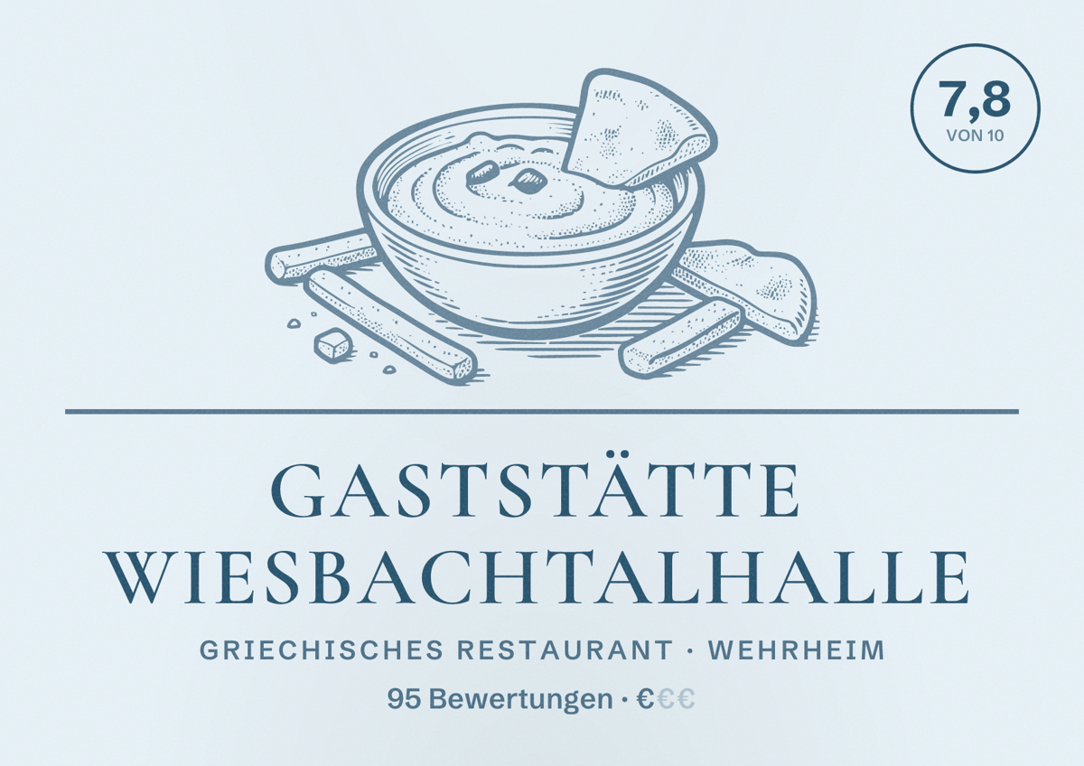 Illustriertes Poster von Gaststätte Wiesbachtalhalle, Griechisches Restaurant in Wehrheim: Bewertung 7,8 von 10 aus 95 Bewertungen, Preisniveau €