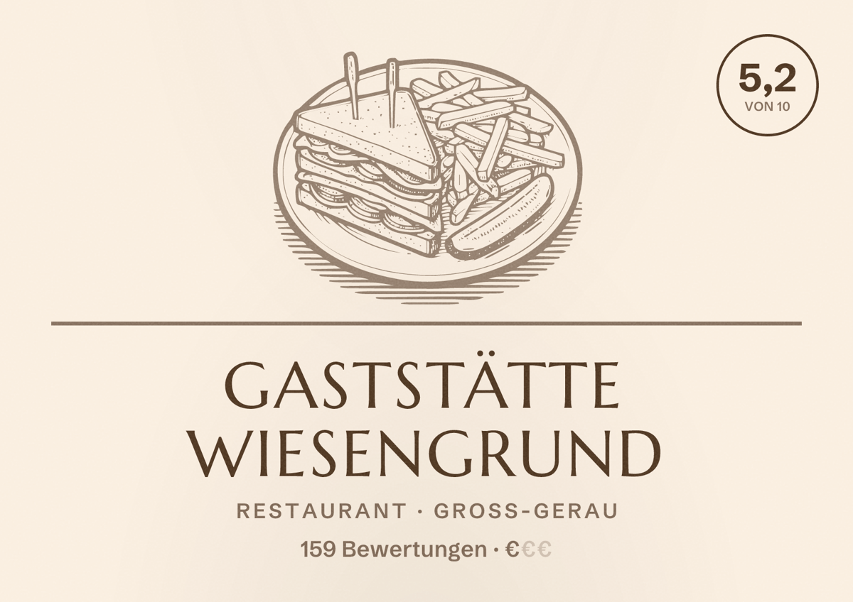 Illustriertes Poster von Gaststätte Wiesengrund, Restaurant in Groß-Gerau: Bewertung 5,2 von 10 aus 159 Bewertungen, Preisniveau €
