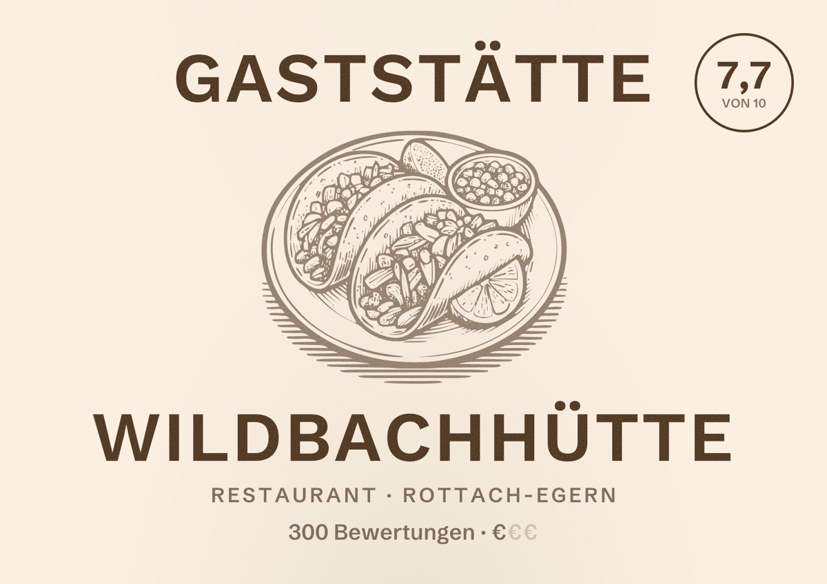 Illustriertes Poster von Gaststätte Wildbachhütte, Restaurant in Rottach-Egern: Bewertung 7,7 von 10 aus 300 Bewertungen, Preisniveau €